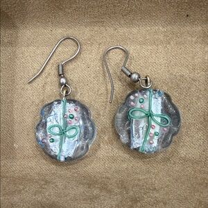 Elegant Glass Earrings with Green and Pink Accents